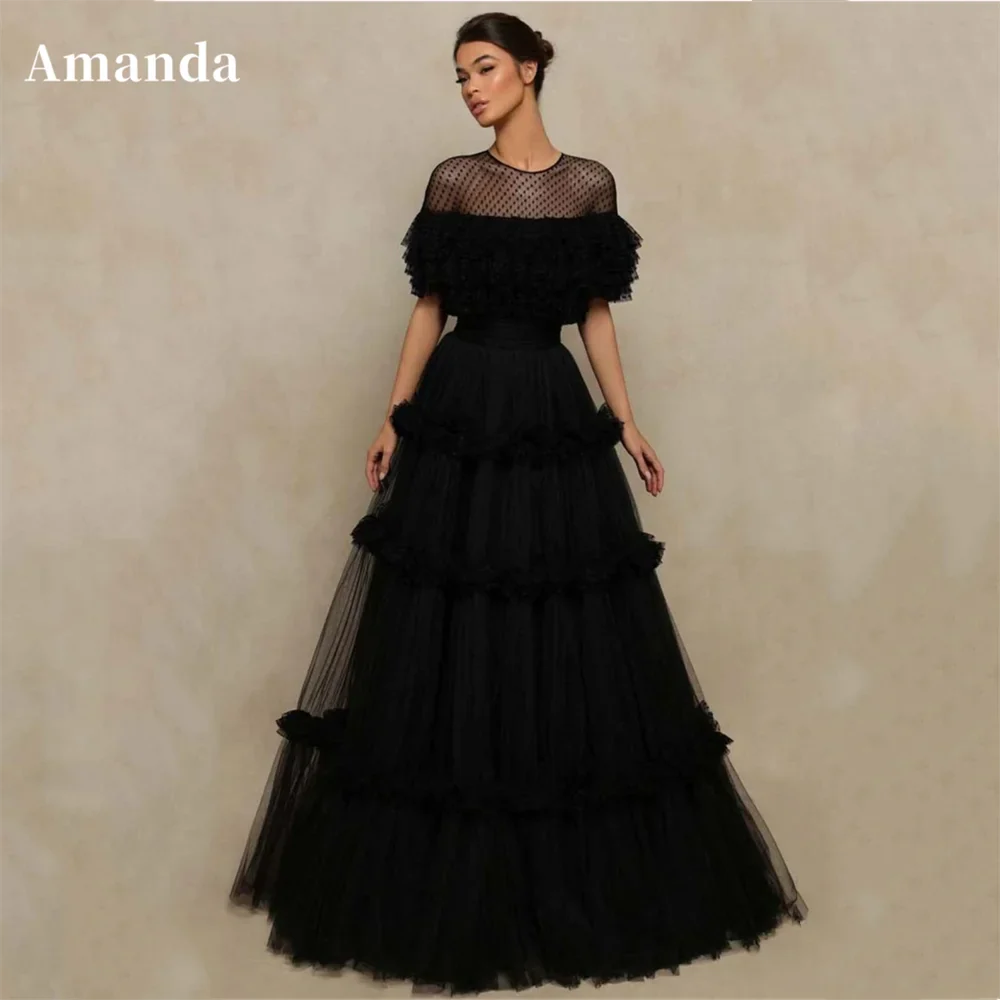 Black Multilaye Evening Dress Wave Point Prom Dress Sexy O-neck Party Dress Tulle A-line فساتين مناسبة رسمية