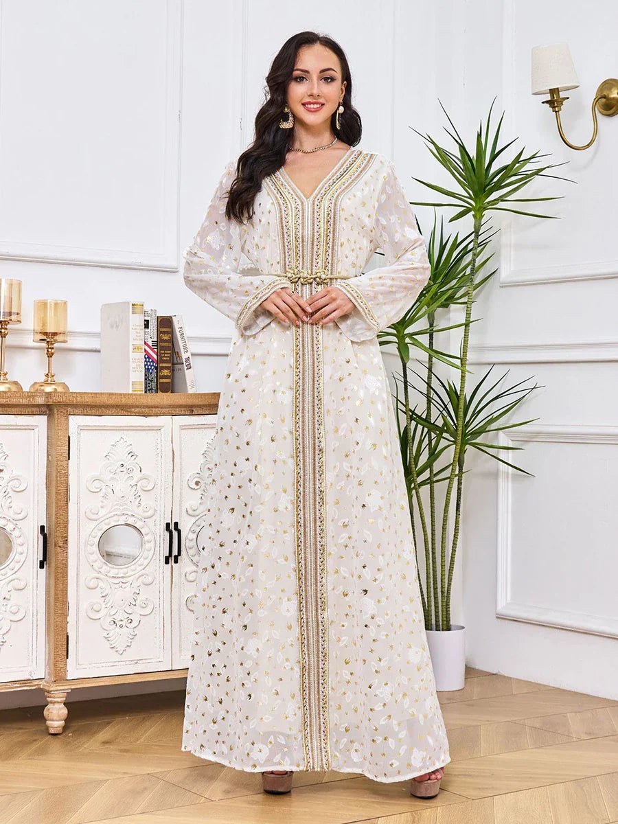 Dubai Abaya Fashion Mesh Chic Printing Tape Trim Full Sleeve V-Neck Belted Clothing Moroccan Elegant Women Long Dresses White Dress