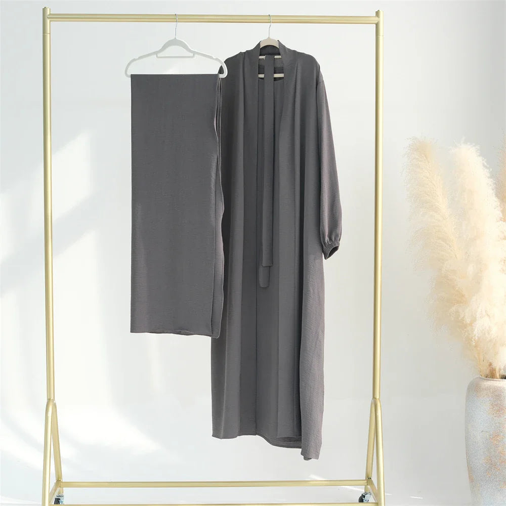 Eid Ramadan Muslim Women Open Abaya Kimono Inner Maxi Dress Hijab Sets 2/3 Pieces Dubai Islamic Arab Robe Kaftan Jalabiya Caftan 09 Gray With Hijab