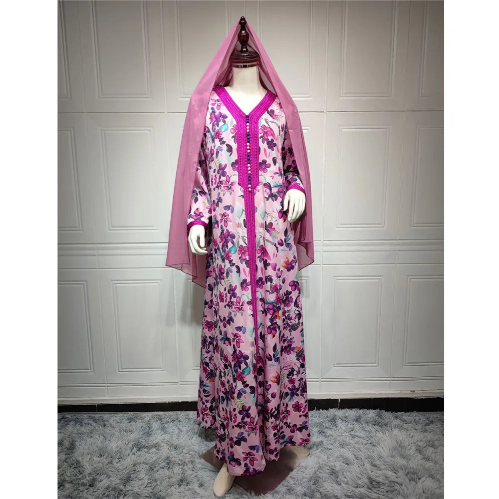 Moroccan Jalabiya 2024 Women Abaya Muslim Hijab Dress Vintage Floral Print Kaftan Ramadan Dubai Modest Dresses Party Arabic Gown ESA039Rose Purple