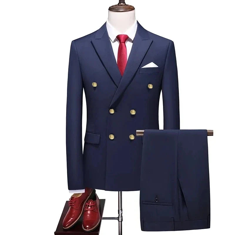 Fashion New Men's Leisure Boutique Double Breasted Solid Color Suit 2 Piece Set Drees Blazers Jacket Pants Trousers Two Pcs