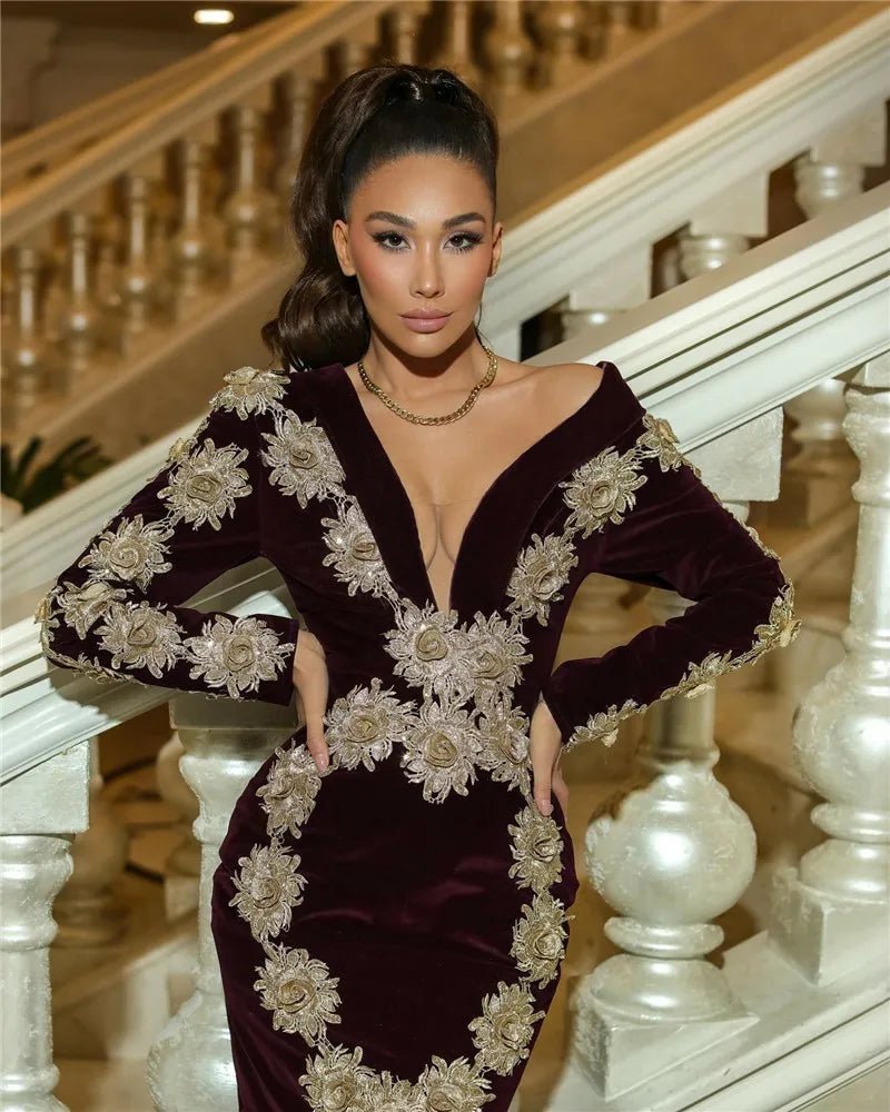 Long Sleeve Mermaid Caftan Evening Dresses V Neck Lace Prom Dress Floor Length Formal Party Dress