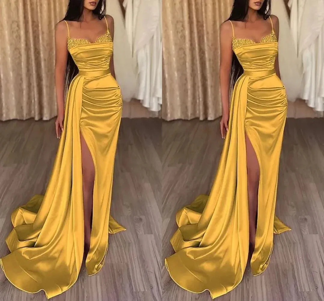 Luxury ball dress beaded side slit sweetheart Italian skinny strap tight custom sweeping train formal occasion evening dress