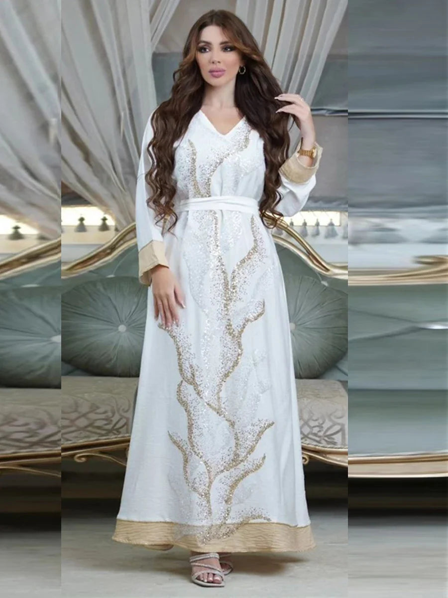 Abaya Muslim Fashion Mesh Diamonds Patchwork Full Sleeve V-Neck Belted Clothing Casual Loose Moroccan Women Long Dress White Dress