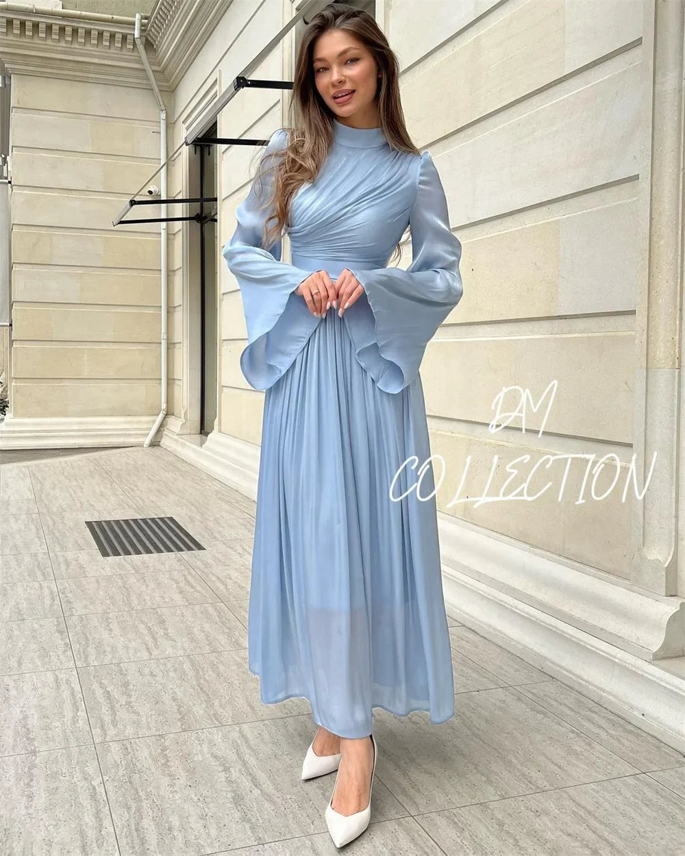 Light Blue Prom Dresses High Neck Modest A-line Wedding Dress Elegant Long Sleeves Chiffon Pleats Vestidos De Fiesta as pic