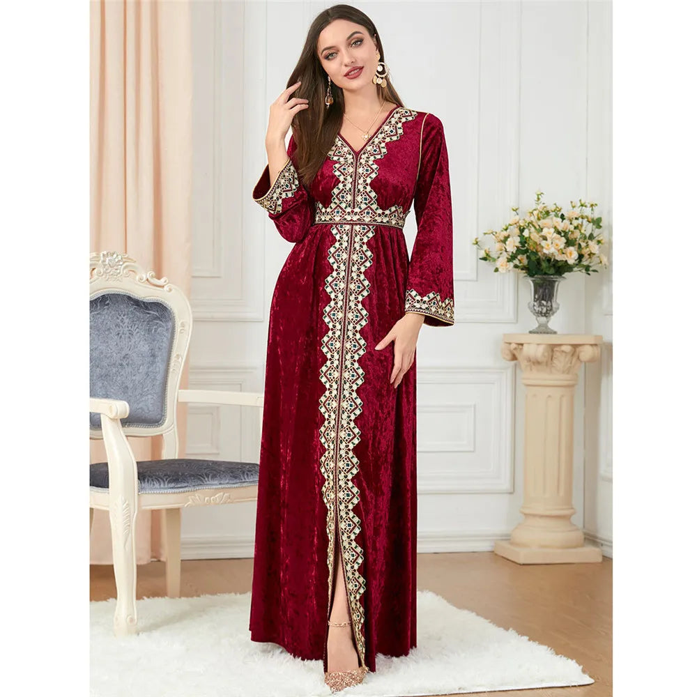 Velvet Autumn Winter Morocco Luxury Muslim Women Abaya V-neck Maxi Dress Turkey Arabic Islamic Kaftan Dubai Evening Party Kaftan 02 Wine Red