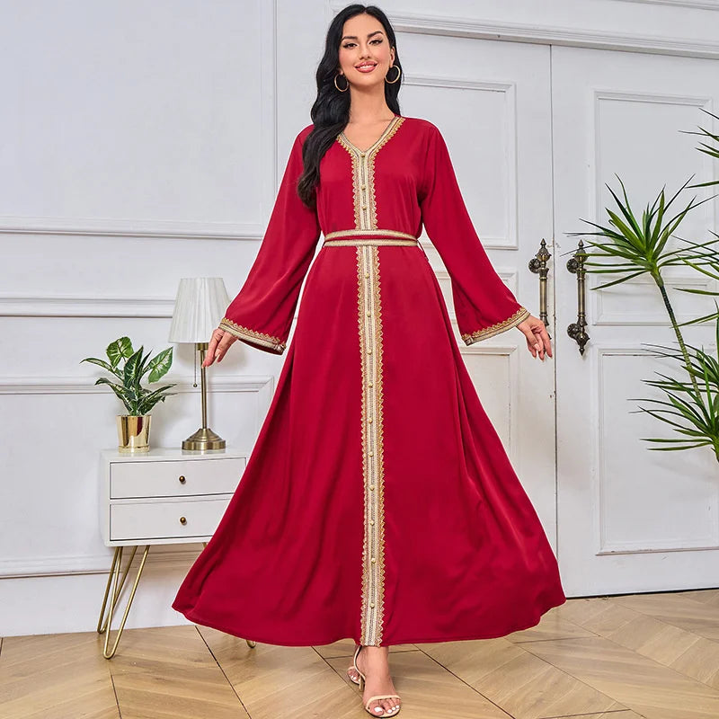 Long Dress For Prom V-neck Women Abaya Muslim Robe Gold Beaded Lace Simple Fashion Dress with Belt Casual Dubai Arab Kaftan