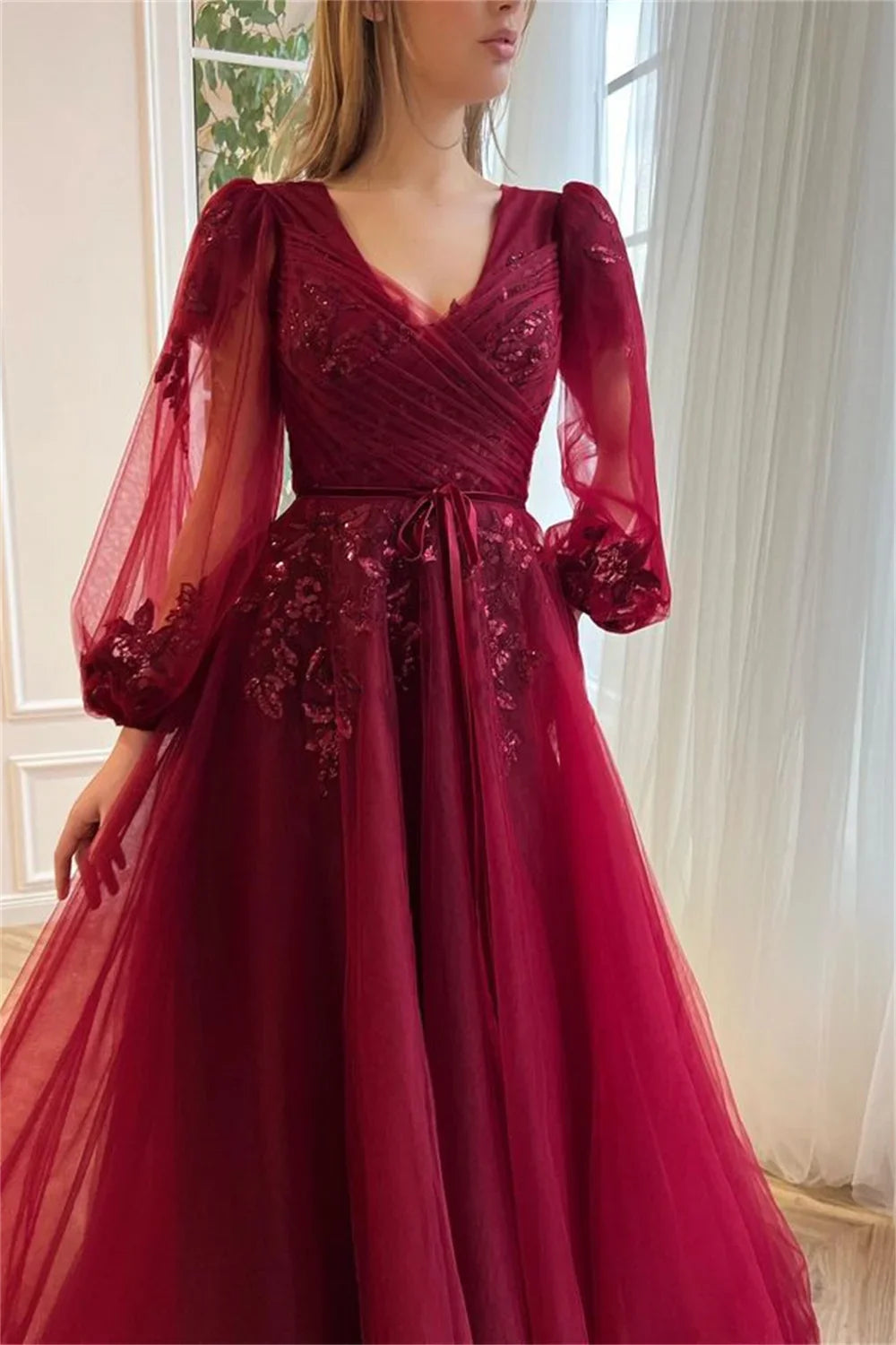 Wine Red Lace Appliques Prom Dresses A-line Tulle Wedding Dress Elegant Long Sleeves Floor-Length Vestidos De Fiesta