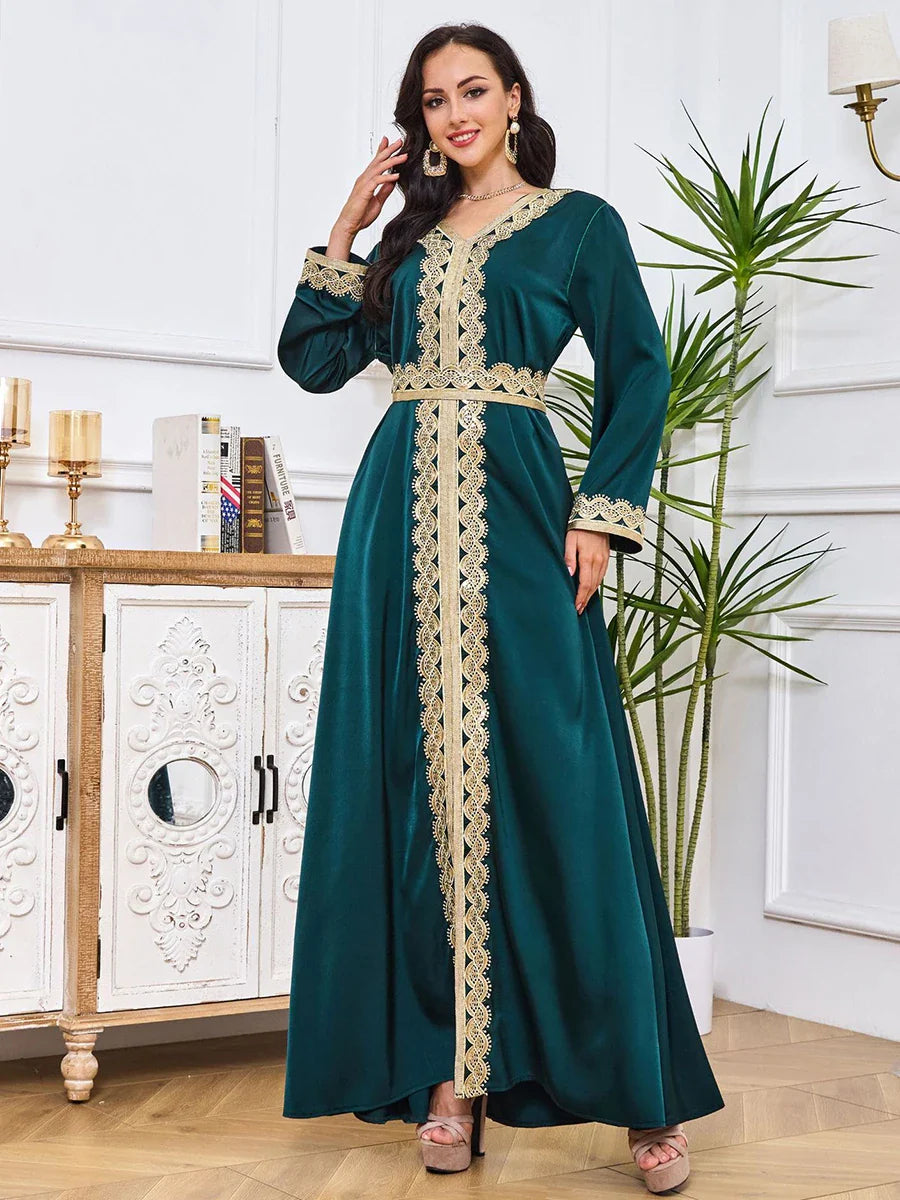 Fashion Moroccan Abaya Female Arab Solid Tape Trim Full Sleeve V-Neck Split Hem Sashes Elegant Chic Women Long Dress Navy Blue Dress