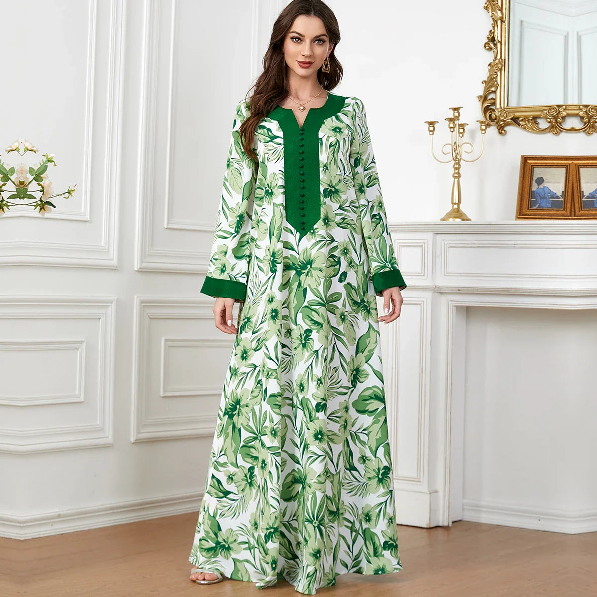 Kaftan for Woman Floral Print Dubai Saudi Jalabiya Islam Clothing Long Arabic Dress Ramadan Hijabi Robe Muslim Abaya (No Scarf) Green