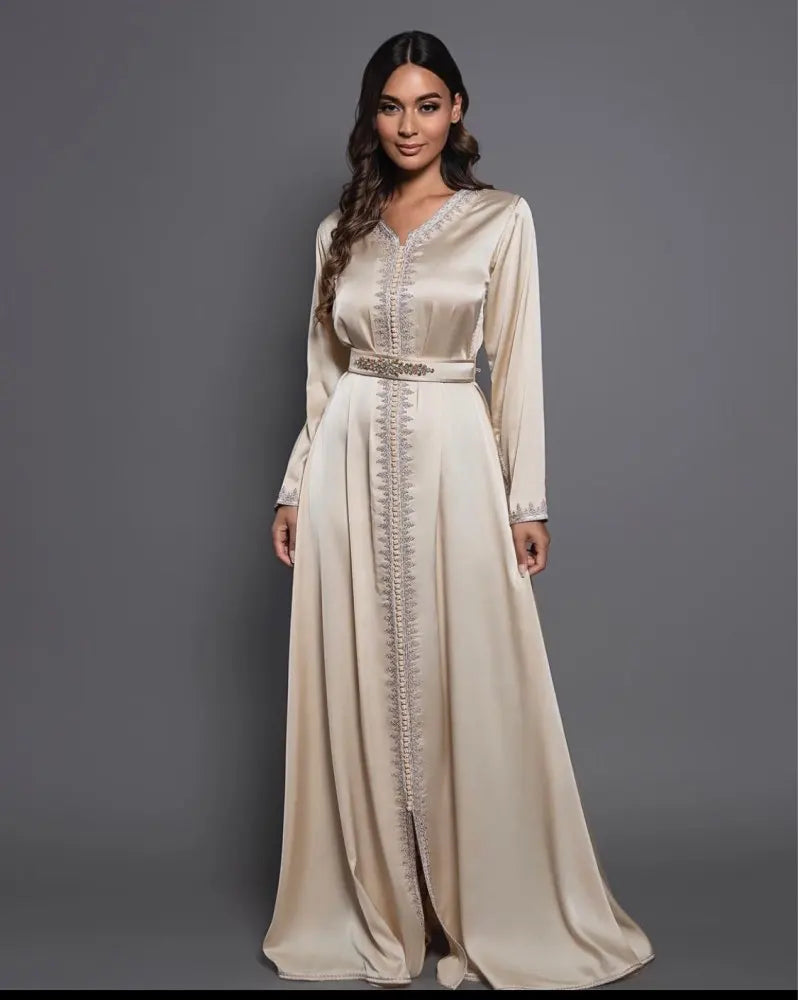 Champagne Moroccan Caftan Evening Gowns A-Line Long Sleeve Formal Occasion Dresses Dubai Prom Dress Plus Size