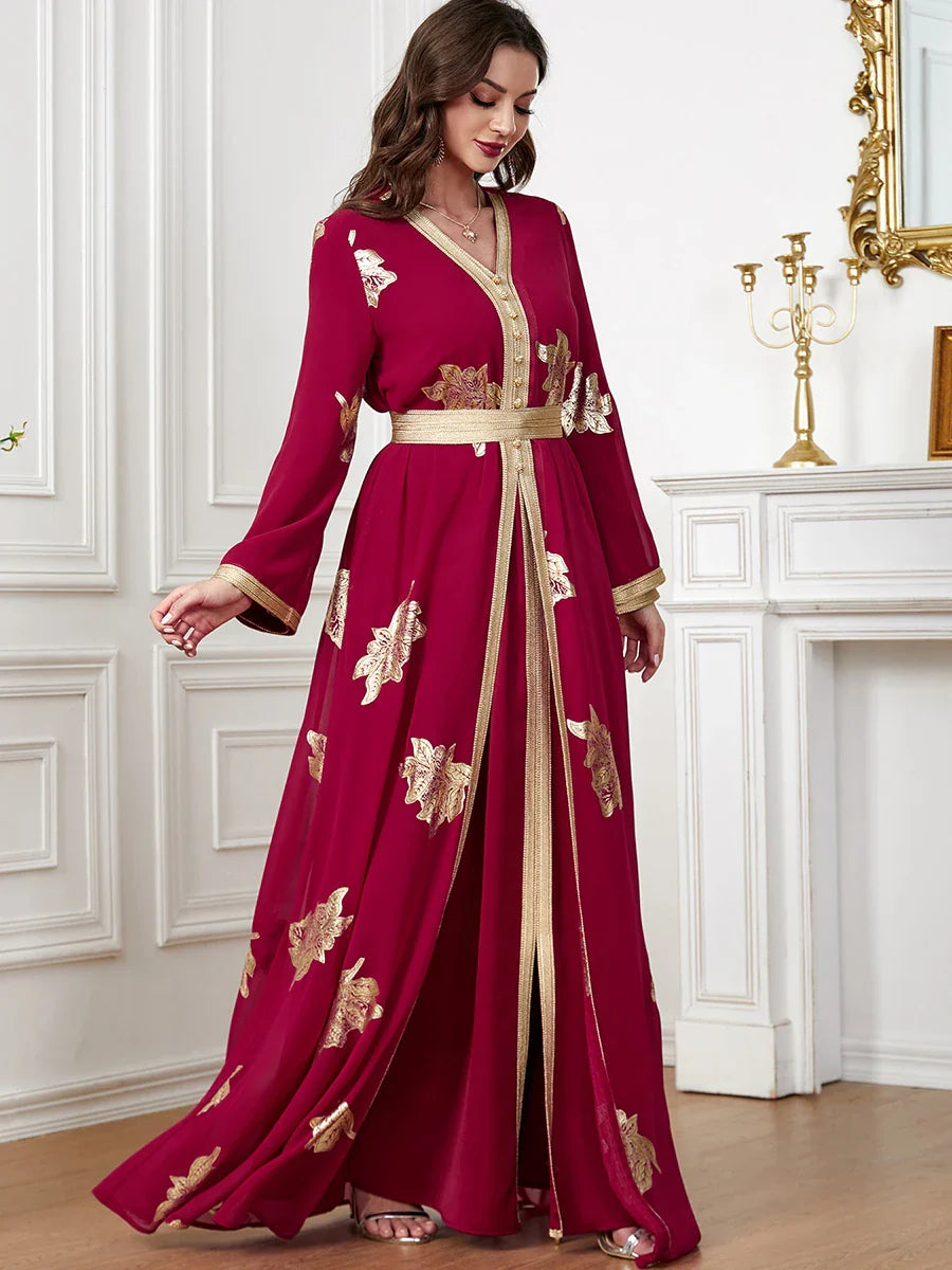 Elegant Casual Chiffon Turkish Abayas For Women Muslim 2 Pieces Set Gold Stamping Full Sleeve Belted Kaftan Gorgeous Party Style Burgundy Dress