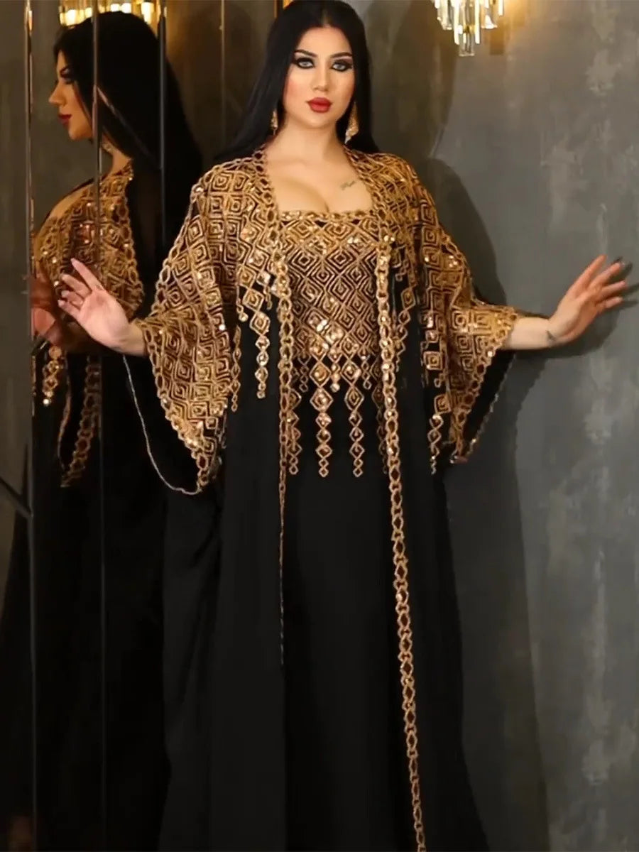 Muslim Eid Al-Adha Fashion Two Piece Shiny Embroidery Women Abayas And Vest Long Dress Overgarments Arabic Clothing Black Dress