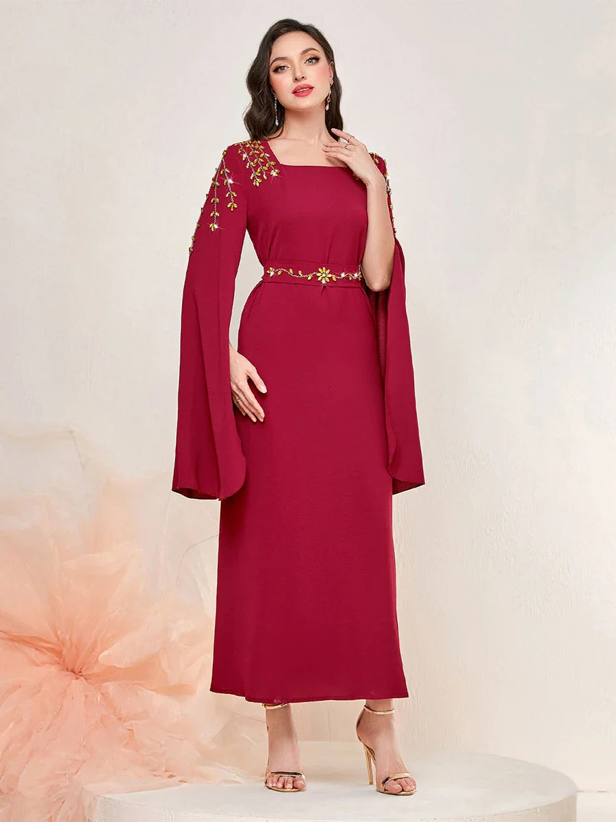 Dubai Fashion Chic Pure Handwork Diamonds Evening Party Gown Super Long Sleeve Square Collar Belted Dress Arab Robe Red Dress