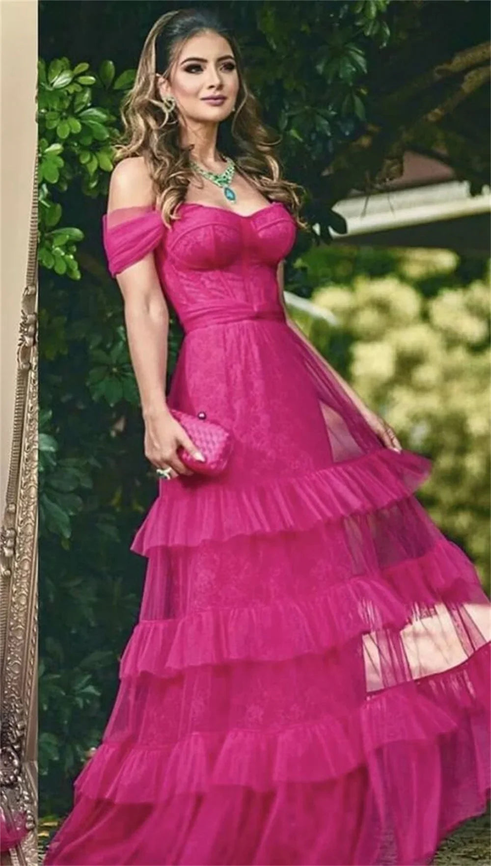 Fuchsia Tulle Gown A-line Multilayer Prom Dress Elegant Off Shoulder Party Dress Sweetheart فساتين مناسبة رسمية