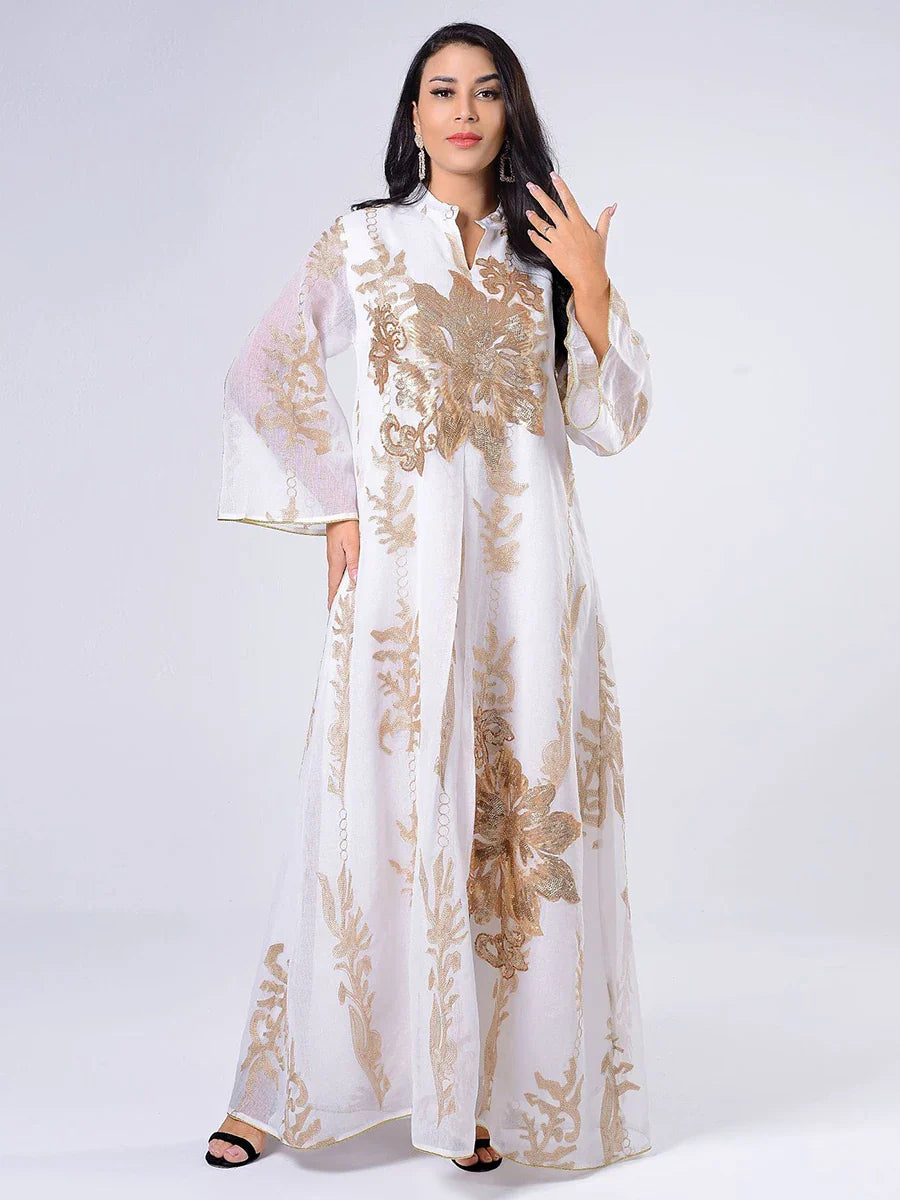 Sequins Embroidered Abaya Dress For Women Moroccan Kaftan Turkey Arabic Jalabiya White Islamic Ethnic Robe 2023 Eid New