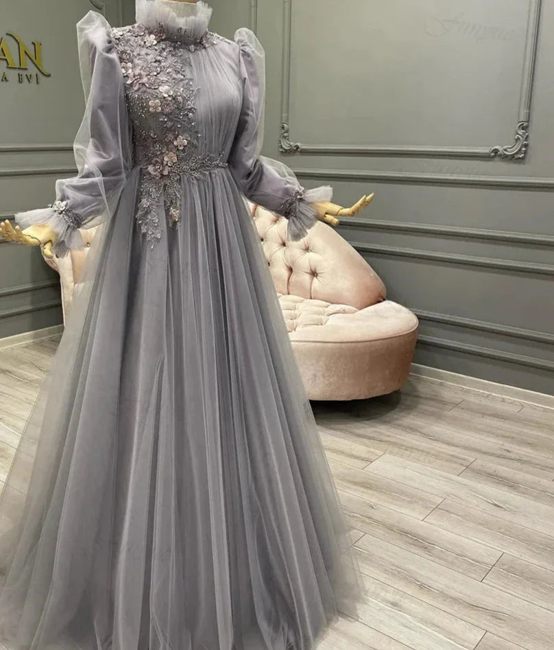 Robes De Soirée A-Line Prom Dresses for Women Arabic Long Sleeves Formal Dress Flowers Beads Muslim Evening Gowns