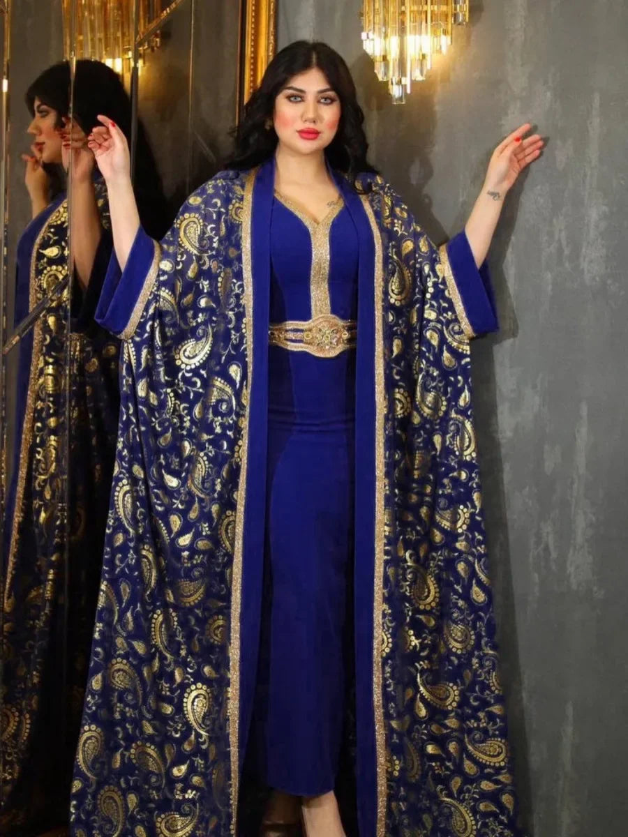 Print Muslim Abaya For Women Eid Dress 2 Piece Set Morocco Ramadan Belted Abayas Kaftan Islam Cardigan Dubai Arab Long Robe Blue