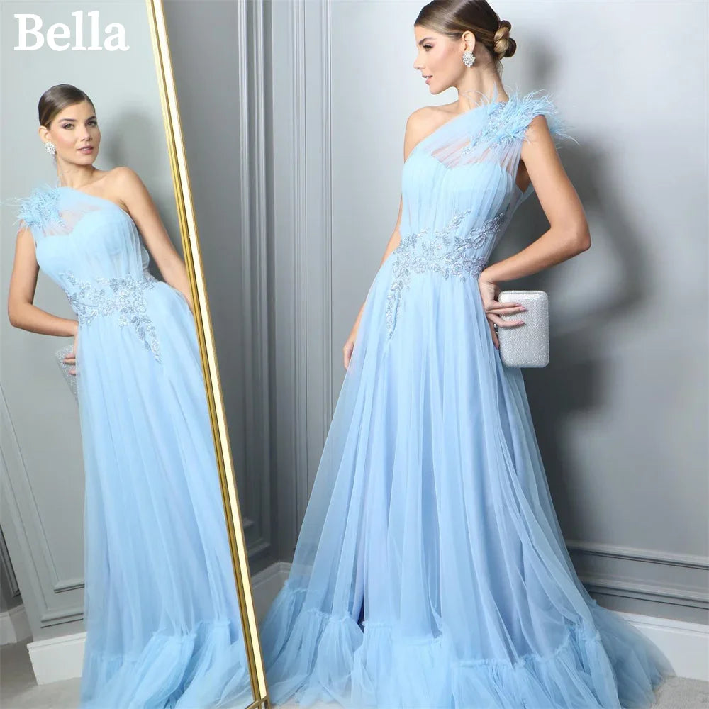 Light Blue One Shoulder Prom Dresses Feathers A-line Vestidos De Fiesta Sleeveless Lace Embroidery Tulle Party Dress as pic