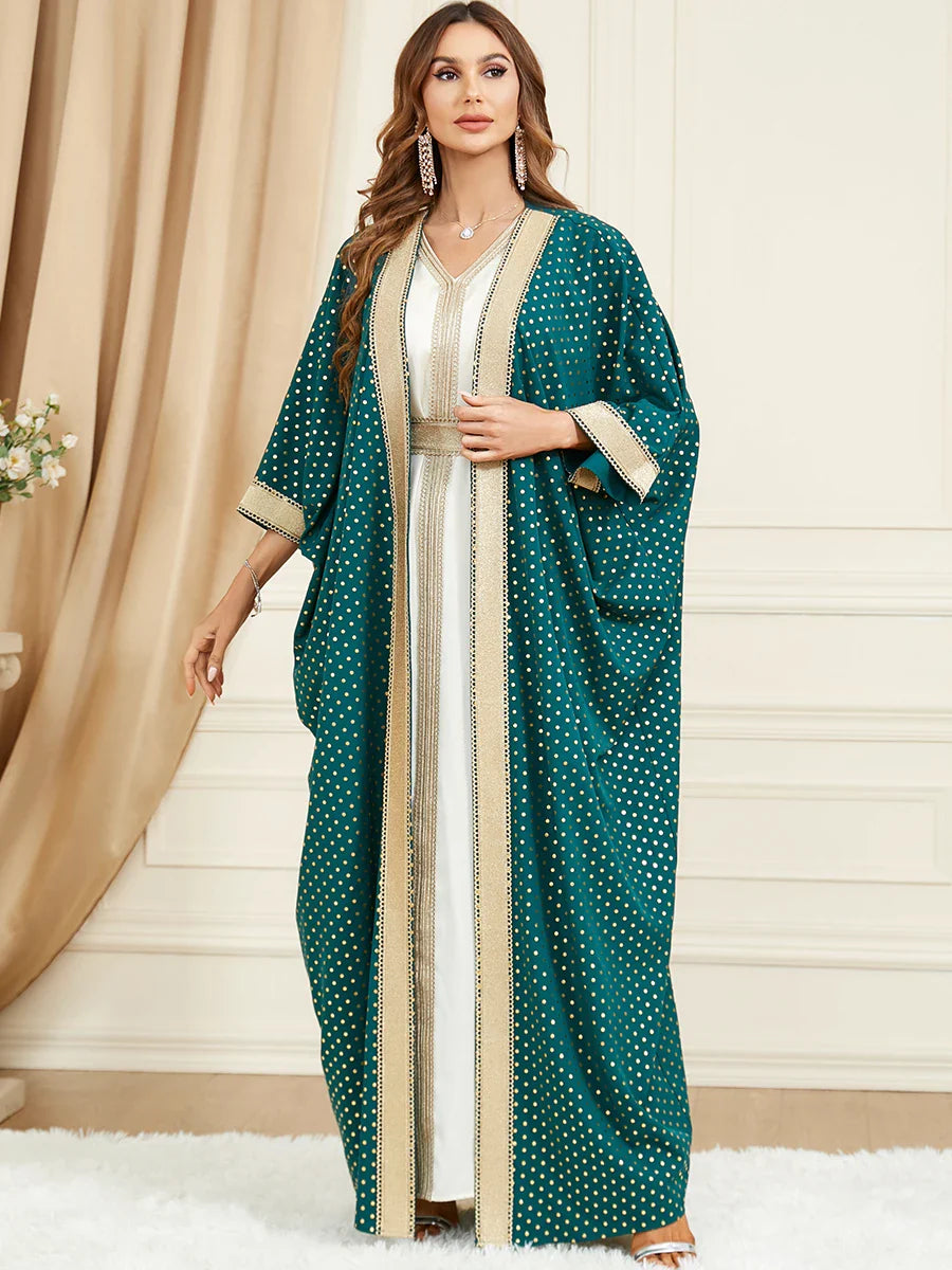 Kaftan Dubai Luxury Muslim Sets Batwing Sleeve Open Abaya Fashion Polka Dot Print 2 Piece Ramadan Dress All season Green Abaya Set