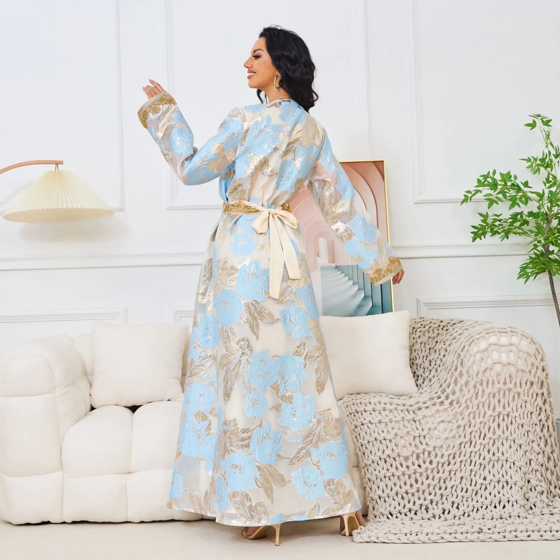 Moroccan Caftan 2 Pieces Set Muslim Dubai Abaya Kaftan For Wedding Women's New Flower Pattern Museum Long Dress Clothing