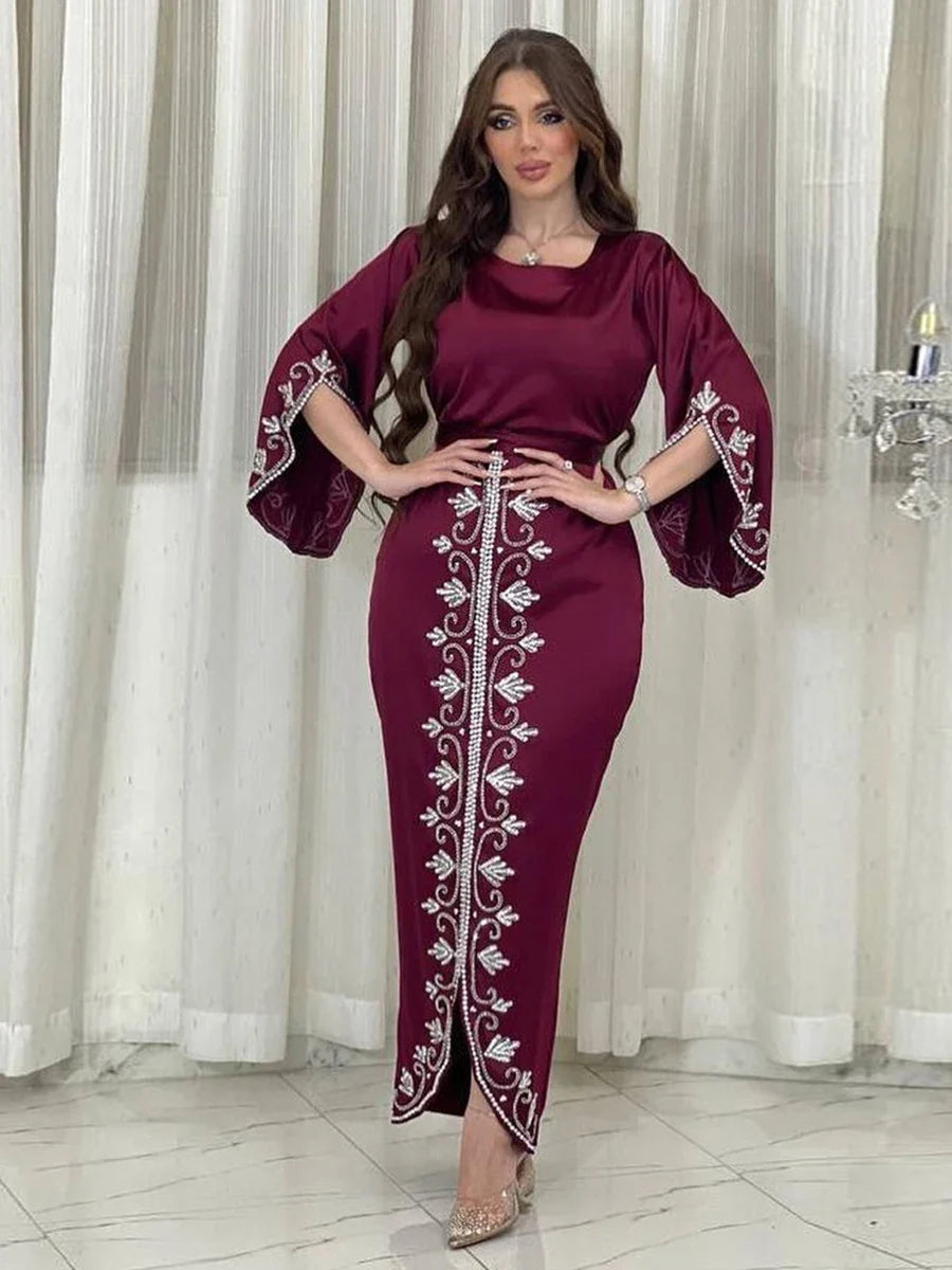 Dresses For Prom Kaftan Dubai Luxury Diamonds Formal Occasion Abaya Elegant Split Sleeve Ladies Long Wrap Dress With Belt Red Dress