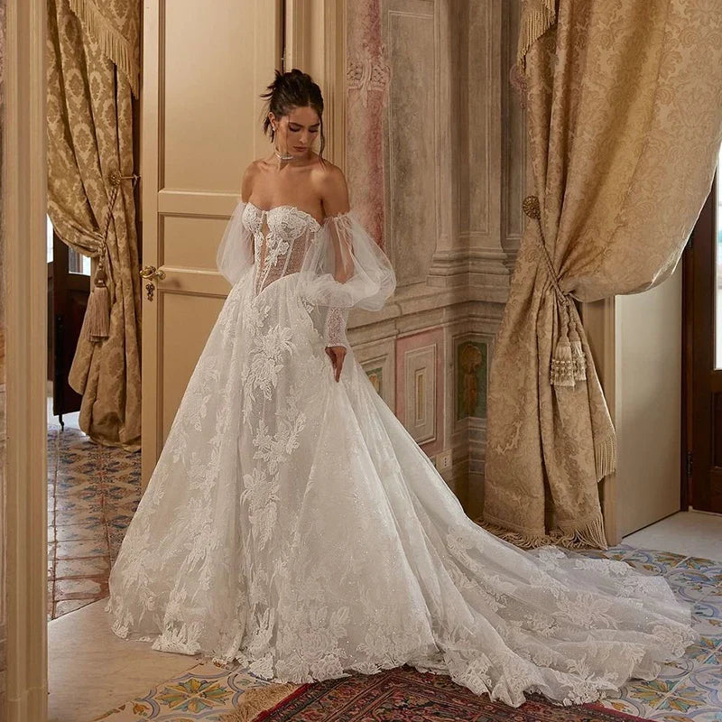 Women A-Line Wedding Dresses Sweetheart Puff Sleeve Applique Bridal Dress Formal Wedding Princess Prom Gowns Customized Custom Color