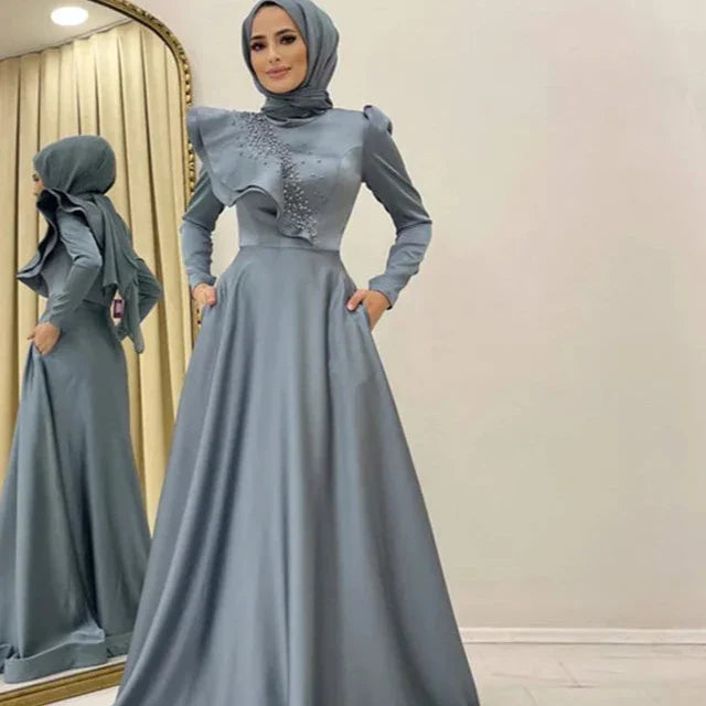 Blue Long Sleeve Hijab Prom Dresses Satin Beaded A Line High Neck Arabic Dubai Formal Dress Evening Gowns for Women