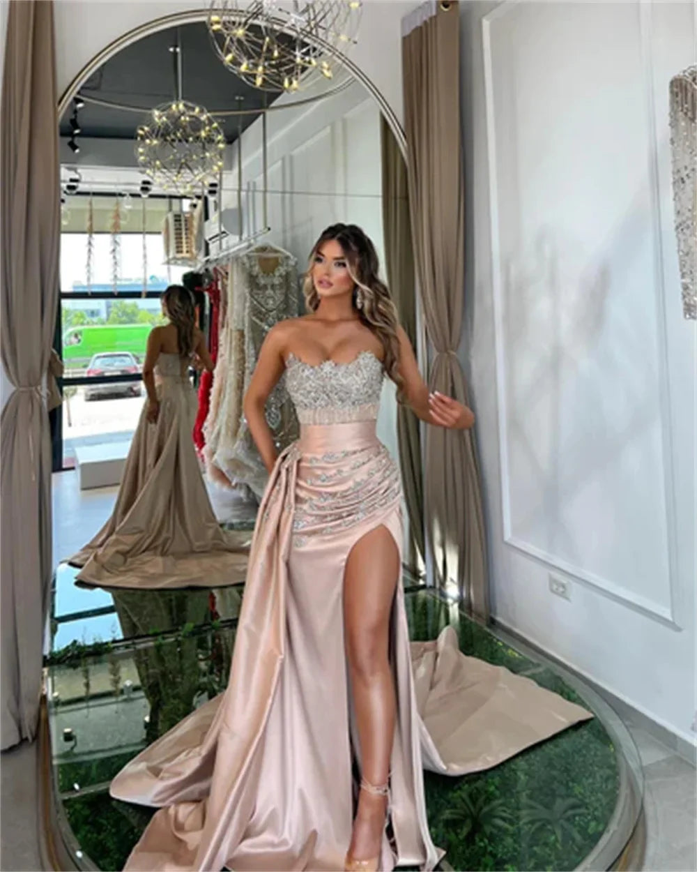 Sansa Luxury Champagne Glitter فساتين السهرة Off the Shoulder Mermaid Vestidos De Noche Floor-Length Side Split Prom Dresses