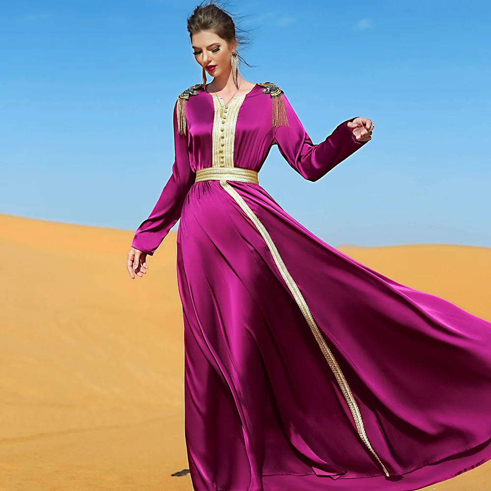 Ramadan Dubai Kaftan Muslim Women Long Dress Satin Abaya Arab Middle East Islamic Luxury Rhinestone Party Gown Moroccan Jalabiya EEB025