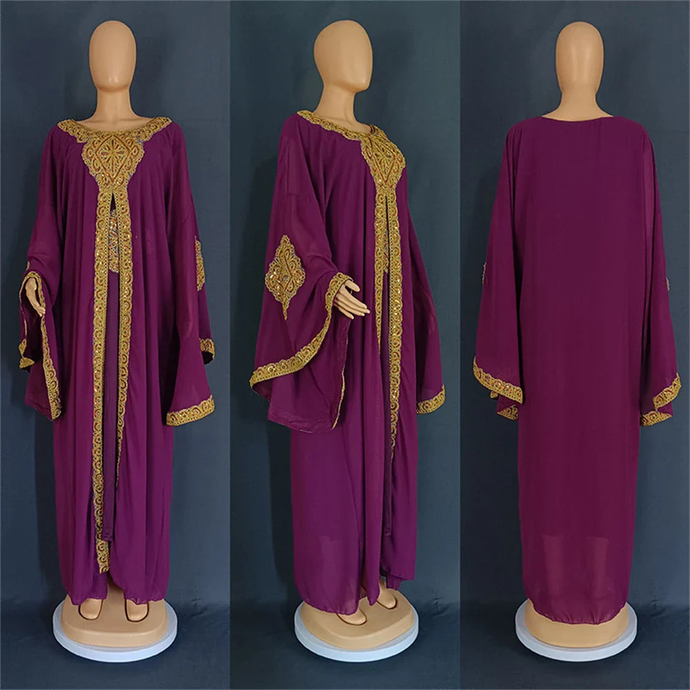 Two Piece Set Dress African Dresses for Women 2024 Traditional Gold Embroidery Clothing Islam Kaftan Abaya Musulman Robe Femme 07 Purple One Size