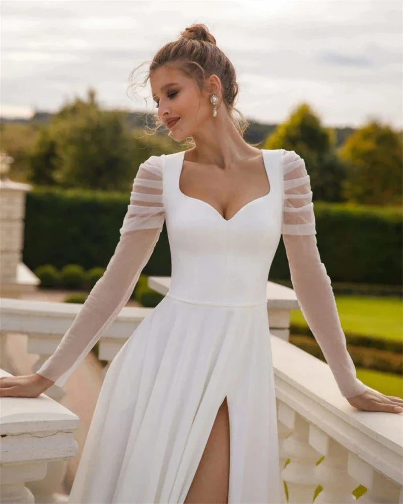 Beautiful Long sleeved Mermaid Vent Wedding Dresses Elegant Satin Sweetheart Neck Bridal Dress Sexy Split White Wedding Gowns