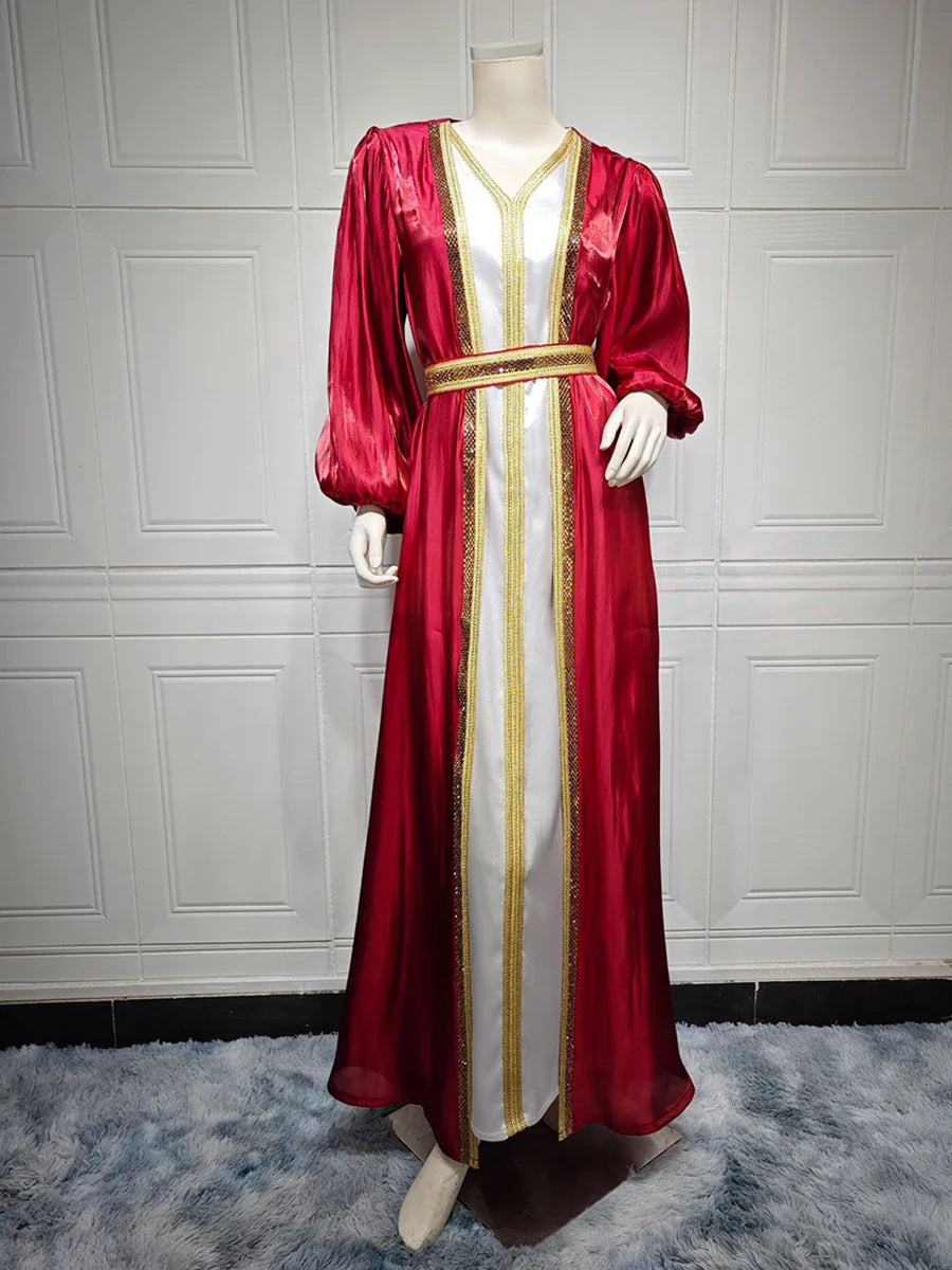 Dubai Abaya Luxury For Muslim Women Diamonds V-Neck Lace Tape Belted Kaftan 2pcs Modest Fashion Long Dresses Ramadan Clothes Red Dress