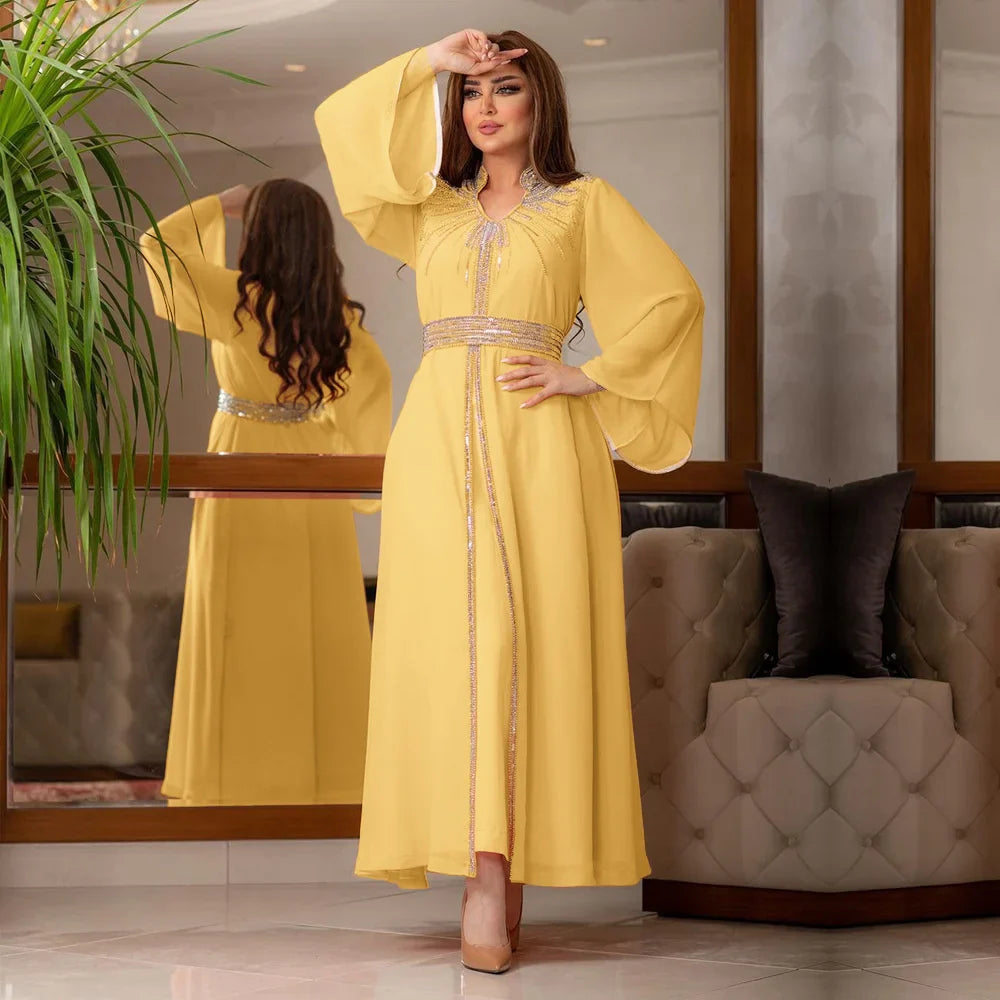 Turkish Abaya For Women Arabian Gown Moroccan Caftan Royal Women Fashion Hot Diamond Chiffon Dress With Belt Elegant V-neck Yellow