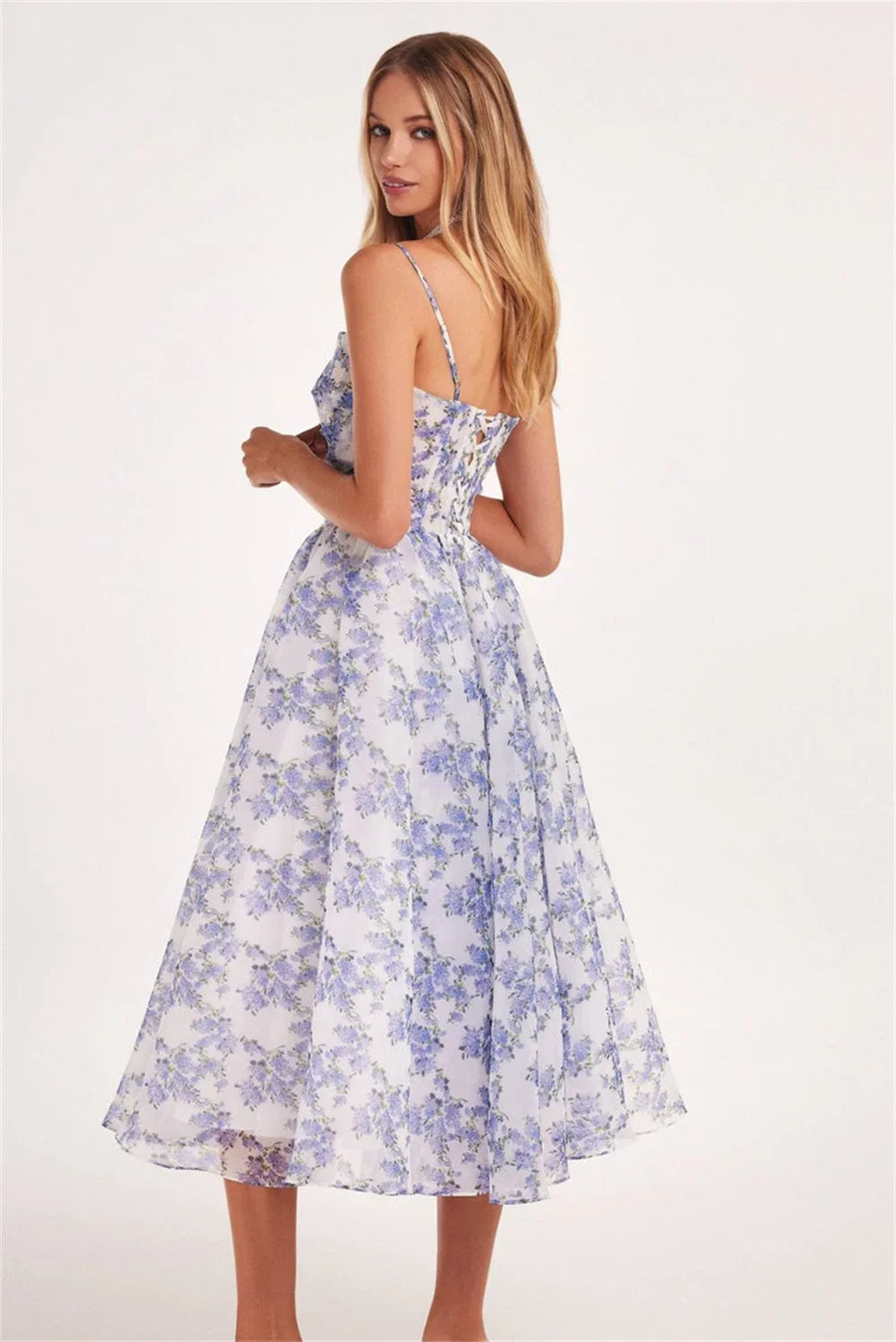 Boho Blue Knee Lenght Prom Dress Spaghetti Strap A-line Vestidos De Fiesta Sweet Flowers And Plants Evening Dress