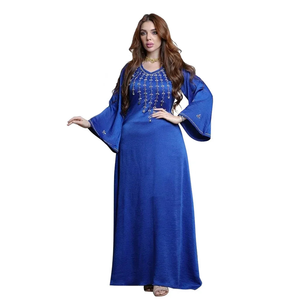 Muslin Dress Dubai Turkey New Dress Flare Sleeve With Diamond V-neck Loose Robe Ramadan Middle East Long Dress Elegant Evening Blue