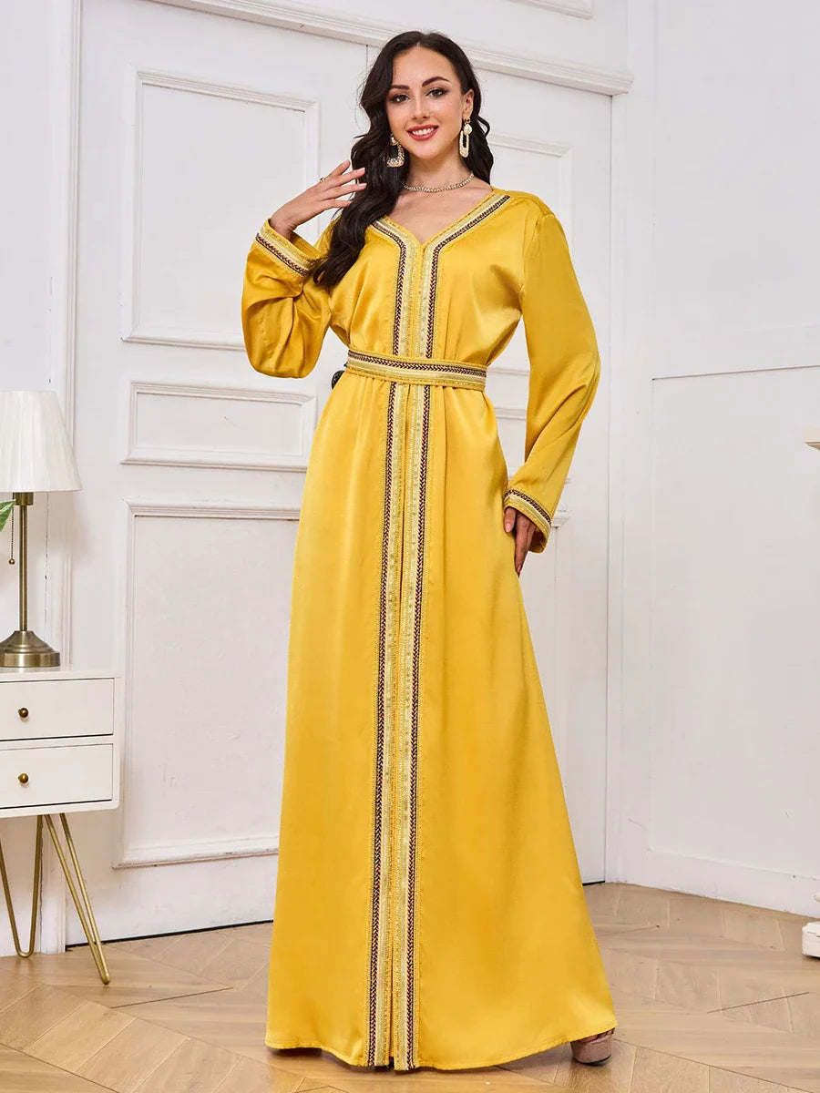 Fashion Basic Solid Moroccan Kaftan For Women Tape Trim Diamonds V-Neck Full Sleeve Sashes Elegant Chic Female Dresses Yellow Dress