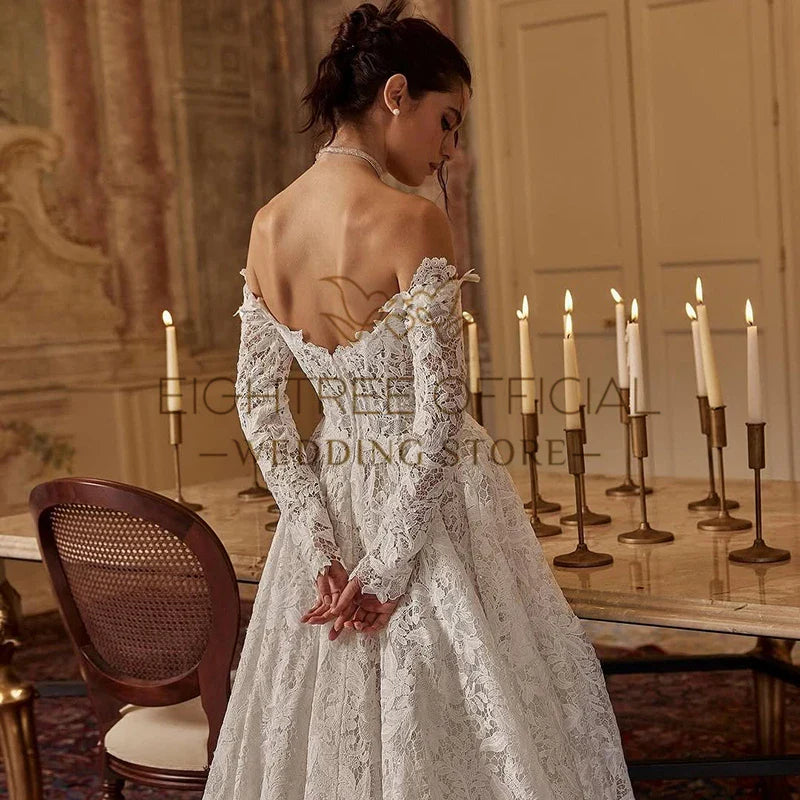 Women Princess Wedding Dresses Long Sleeves Lace Appliques Long Bridal Dress Formal Wedding Ball Prom Gowns Customized