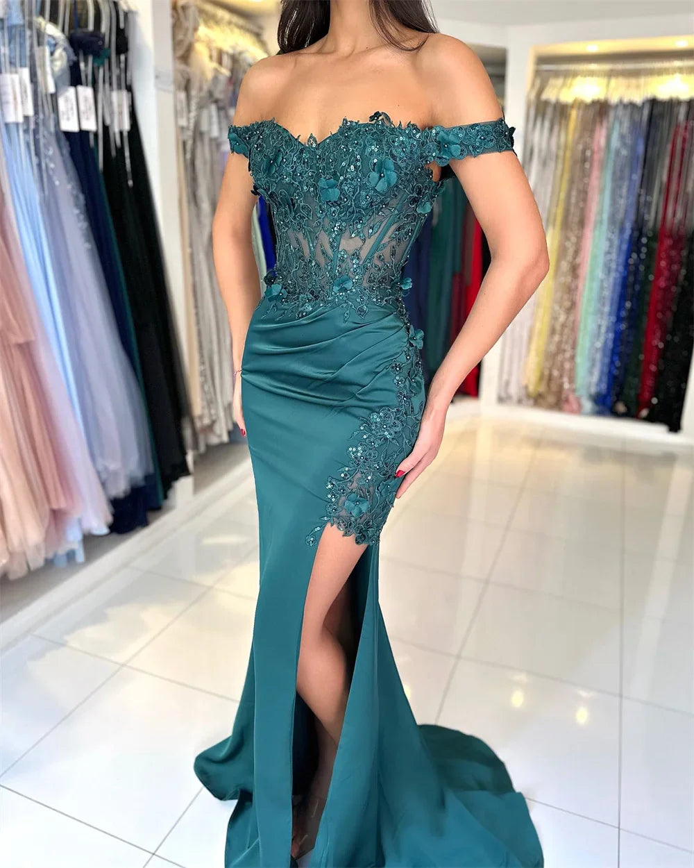 Lace Appliques Satin Prom Dresses Off the Shoulder vestidos de noche Elegant Sleeveless Sexy Side Split Formal Evening