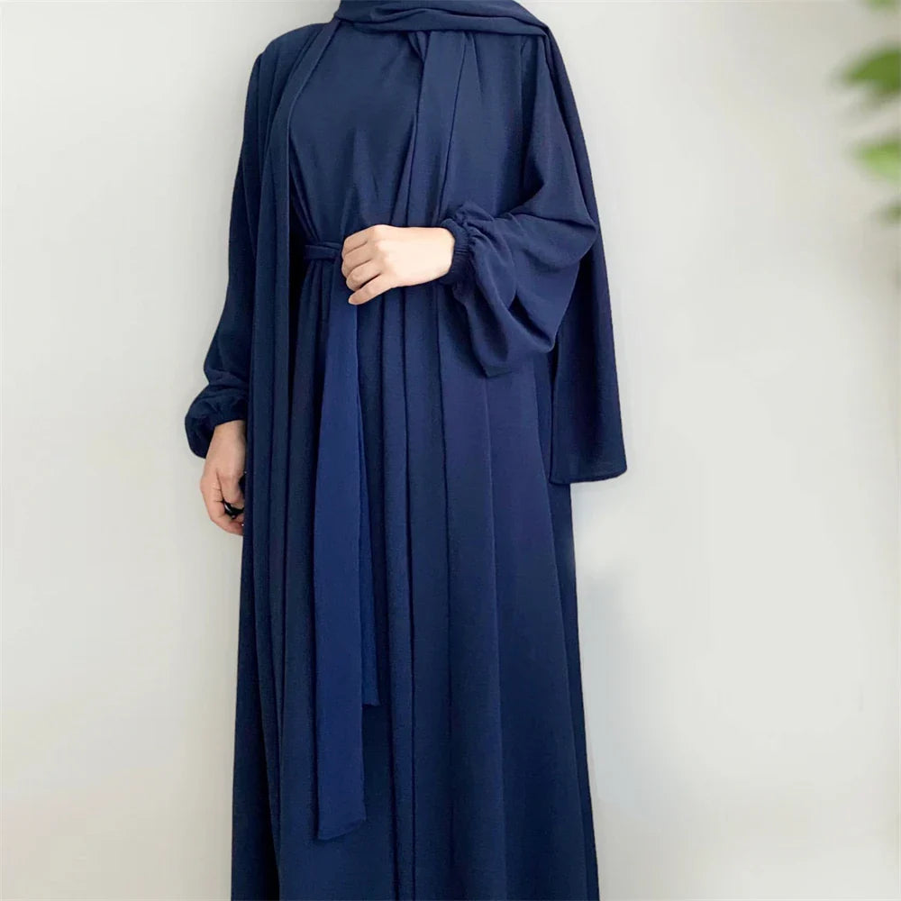 Eid Ramadan Muslim Women Open Abaya Kimono Inner Maxi Dress Hijab Sets 2/3 Pieces Dubai Islamic Arab Robe Kaftan Jalabiya Caftan 06 DarkBlue 2pcs