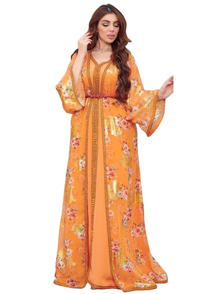 Djellaba Marocaine Two Piece Muslim Dress Chiffon Print Belted Kaftan Ramadan Gown Abayas Islamic Cloth Turkish Women Clothes orange abaya