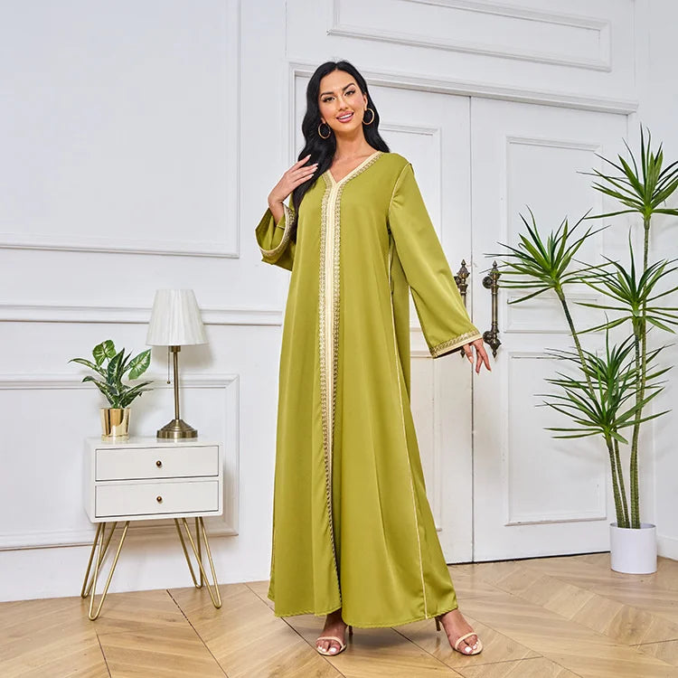 Muslin Kaftan Caftan Dresses for Prom V-neck Dubai Women Robe Embroiled Gold Beaded Lace Dress Abaya with Belt Elegant Fashion