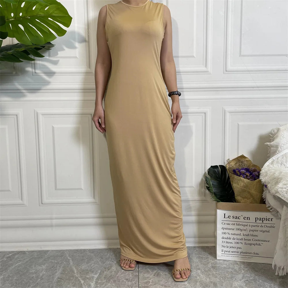 Muslim Women Lady Long Maxi Dress Sleeveless Underdress Slim Arabic Abaya Robe Ramadan Kaftan Turkish Dubai Clothing Middle East EEJ115-5Apricot