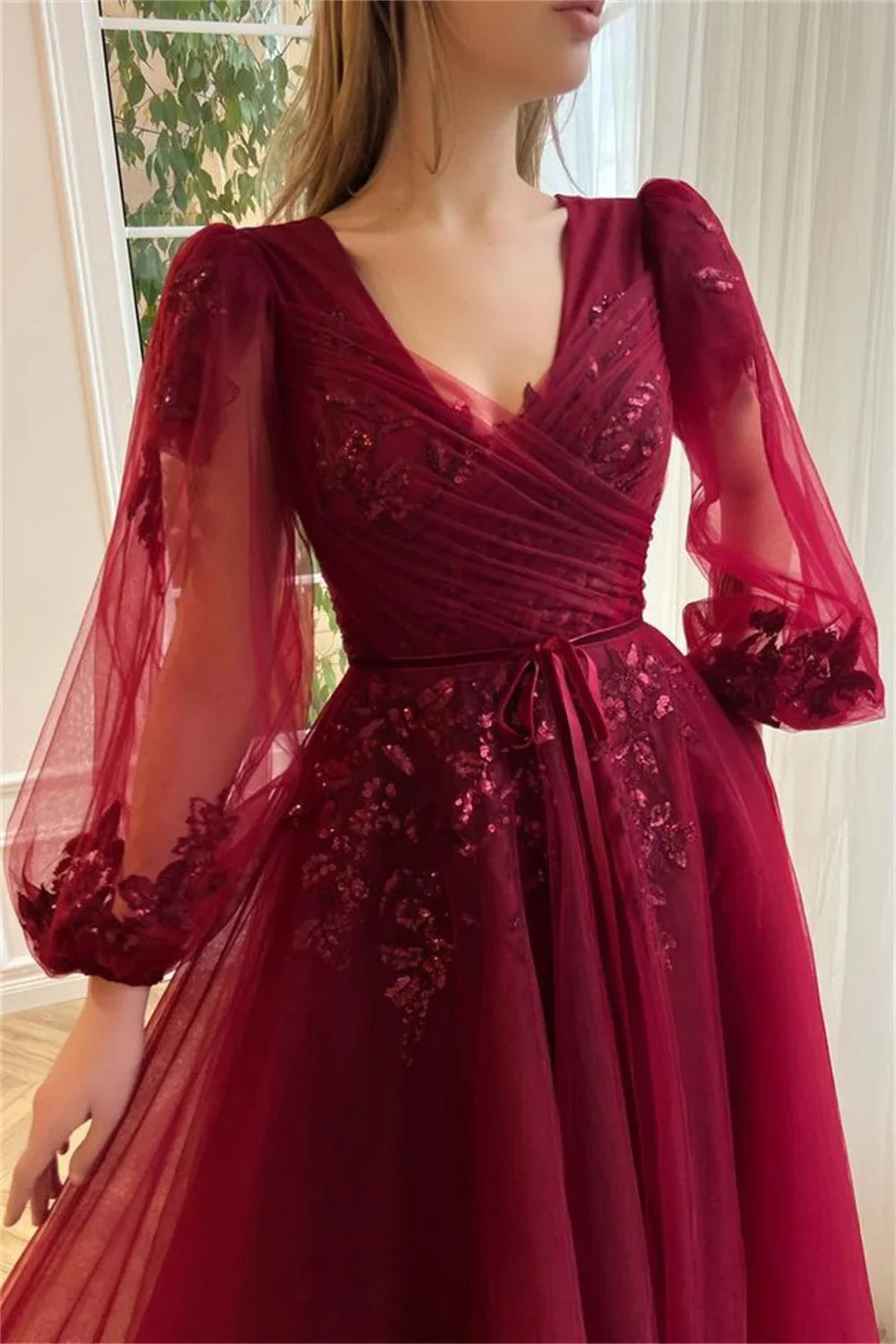 Wine Red Lace Appliques Prom Dresses A-line Tulle Wedding Dress Elegant Long Sleeves Floor-Length Vestidos De Fiesta