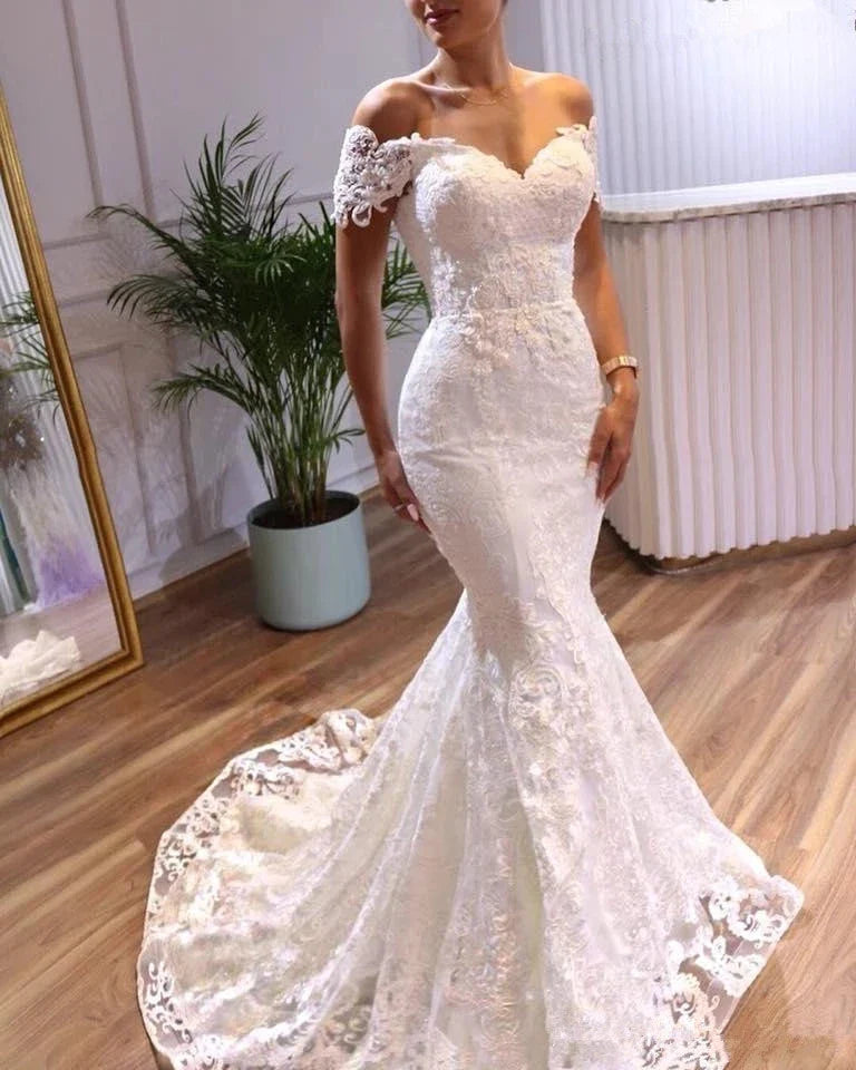 Off The Shoulder Mermaid Wedding Dresses Vestidos De Novia Sweetheart Lace Applique Tulle Formal Bridal Gowns Suknia Slubna WHITE