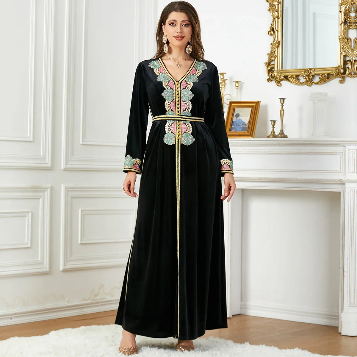 Winter Abaya Floral Appliques Velour Belted Arabic Dress Dubai Moroccan Islam Clothing Evening Party Muslim Women Kaftan Ramadan Black