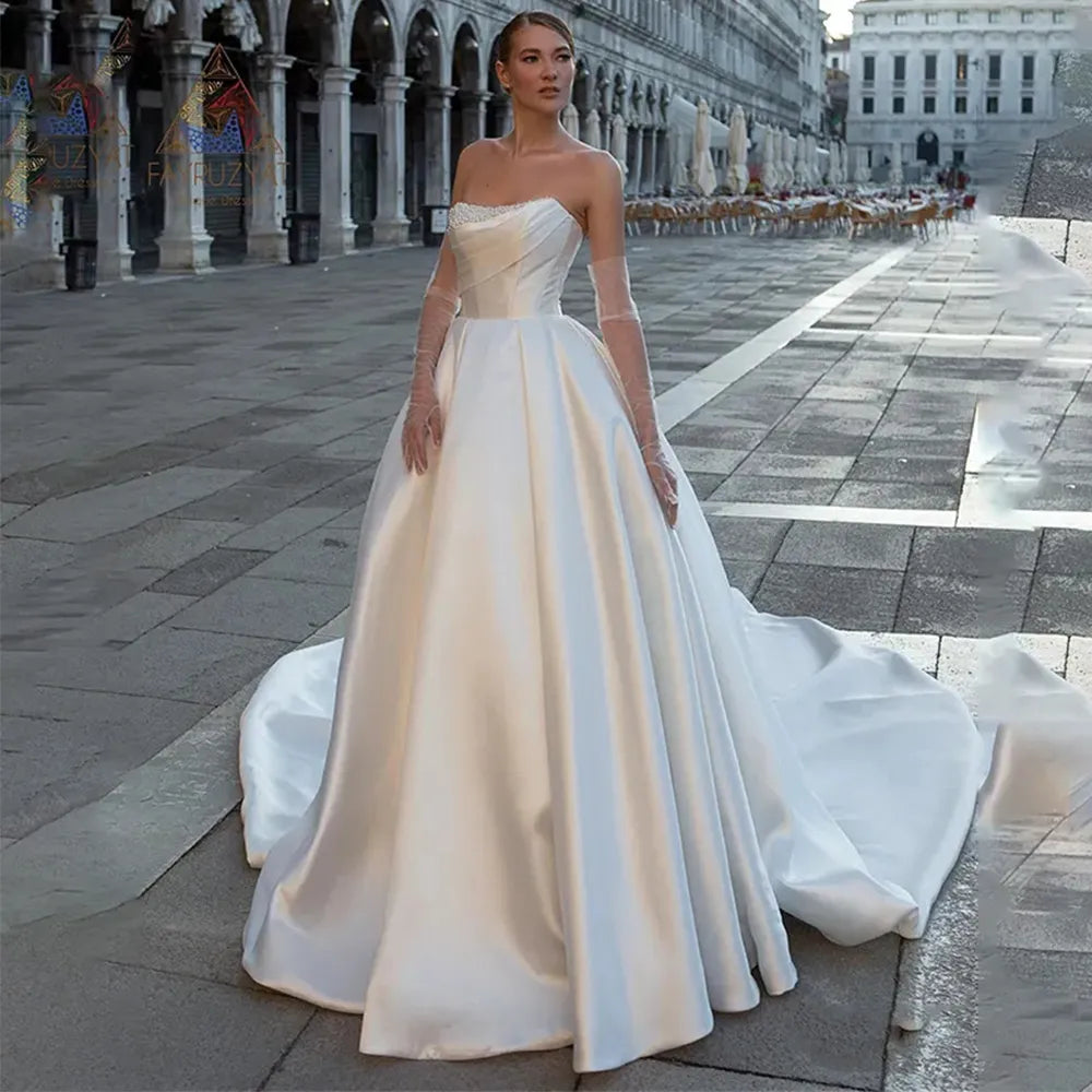 Gorgeous Satin Modern Wedding Dresses Elegant Off Shoulder Sleeveless Train Floor-Length Fluffy Princess Style Bride Gowns 14W