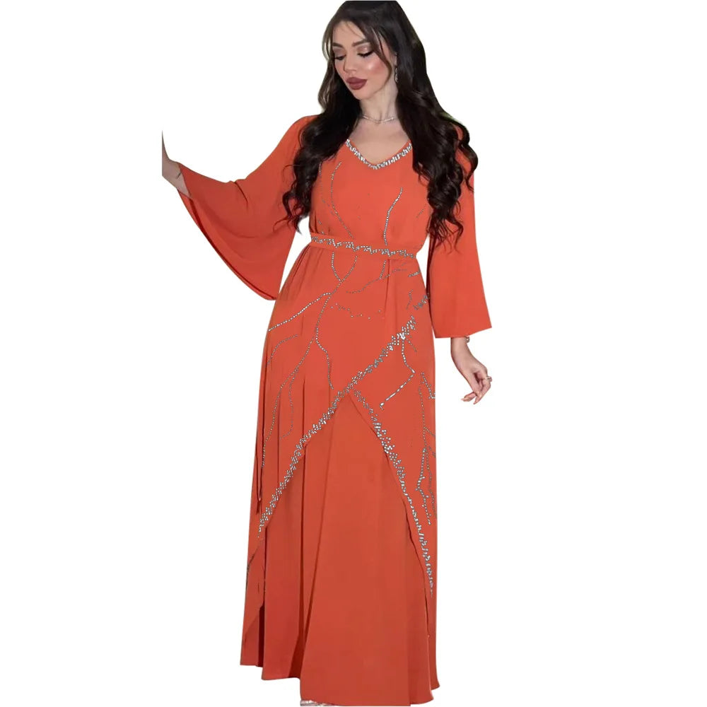 Diamonds Abayas for Women Muslim Evening Party Dress Islam Clothing Arab Robe Saudi Gown Marocain Kaftan Dubai Jalabiya Djellaba 03 Orange