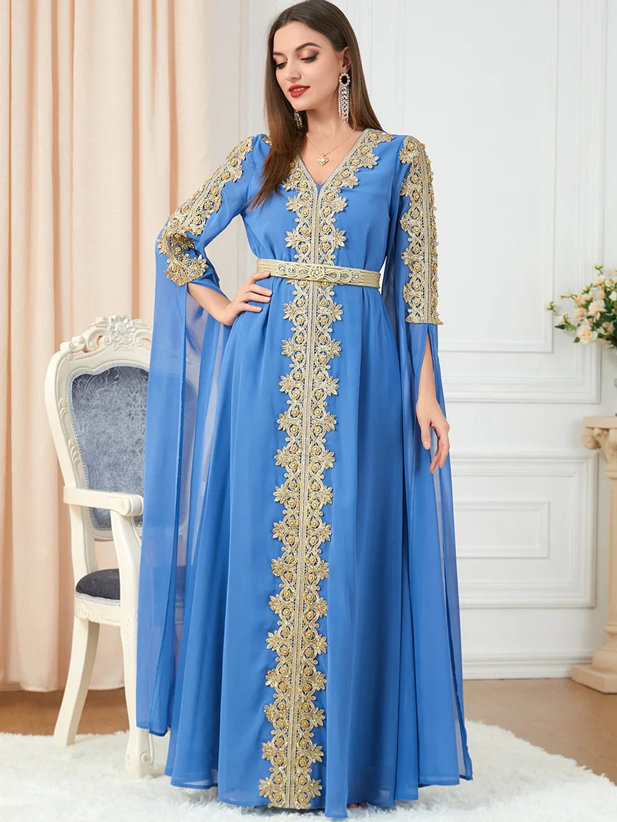 Evening Dresses Long Luxury 2022 Floral Embroidery Lace Panel Belted Chiffon Dress Moroccan Caftan Woman Robe Turkey Abayat Light Blue Abaya