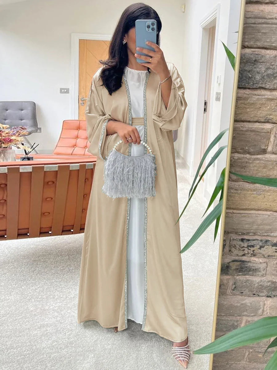 Open Kimono Dubai Abaya Chic Diamonds Solid Full Sleeve Cardigan Belted Clothing Elegant Casual Moroccan Women Caftan Apricot Abaya